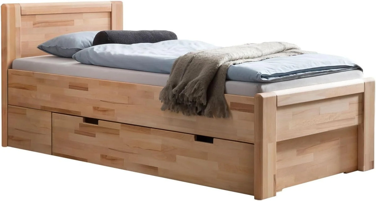 Ewen Seniorenbett Massivholz 90x200 cm mit Schubkasten Komforthöhe aus geölter Kernbuche. Natur. mit Auflageleisten. 48 cm Einstiegshöhe.