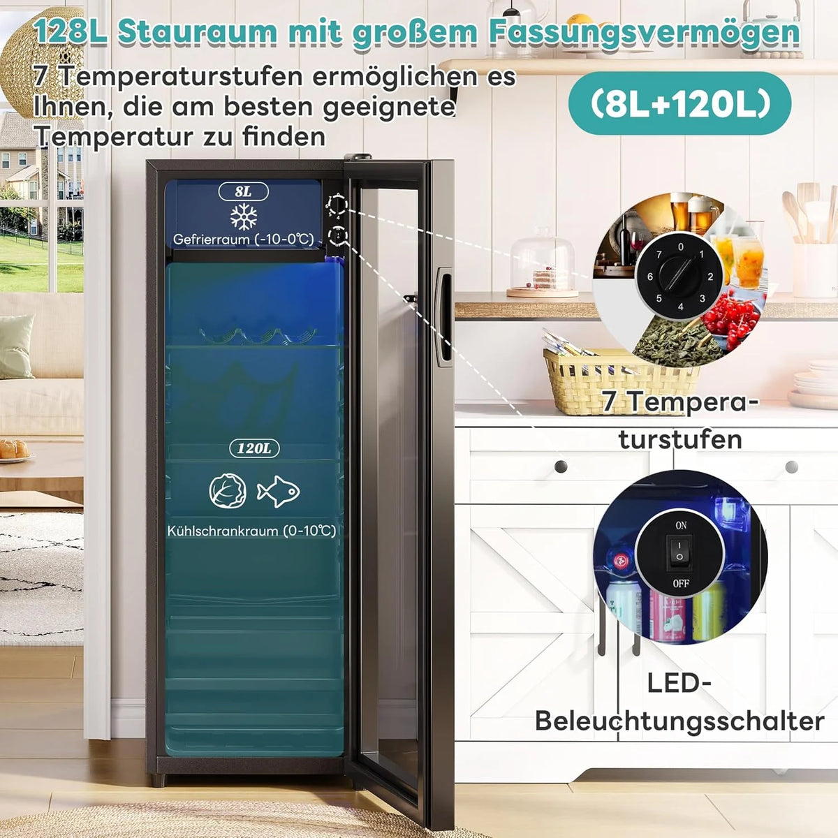 Merax Kühlschrank 128L. Freistehend Getränkekühler mit 120L-Kühlschrank + 8L-Gefrierschrank. mit LED-Innenbeleuchtung und Verstellbare Einlegeböden.