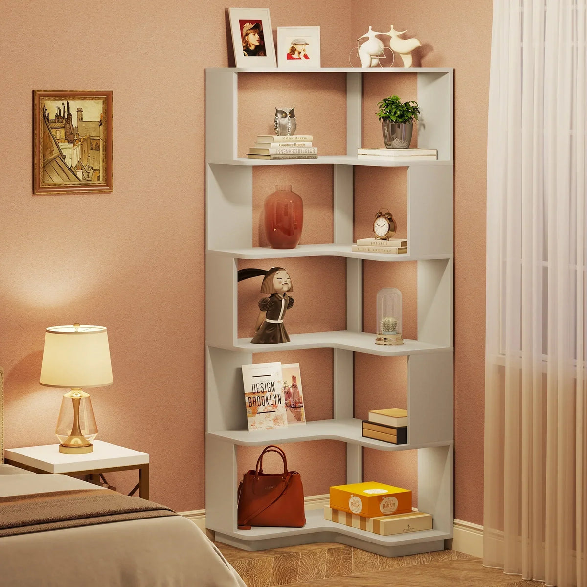 64.9 Inch Tall 6-Tier Corner Bookshelf. Freestanding Wood Industrial Bookcase