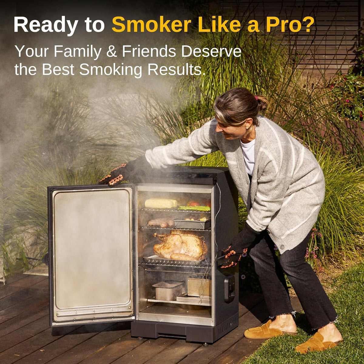 30 Electric Smoker. Outdoor Smoker with Glass Door & Meat Thermometer. 725 Sq Inch Large Capacity. 4 Detachable Racks for Backyard BBQ. Party. Outdoor Cooking Night Blue