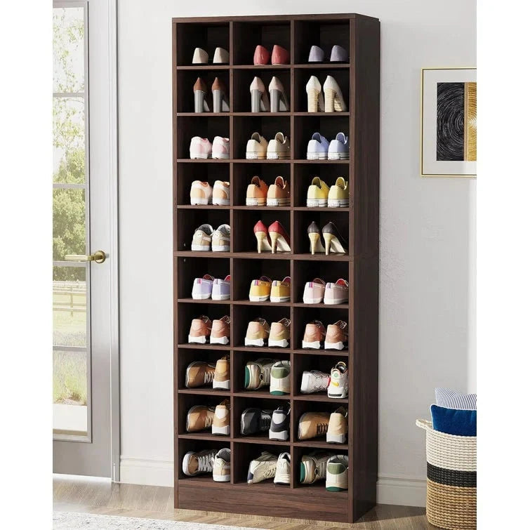 10-Tier Tall Shoe Cabinet. 30-Pair White Wood Shoe Storage Rack for Entryway and Closet