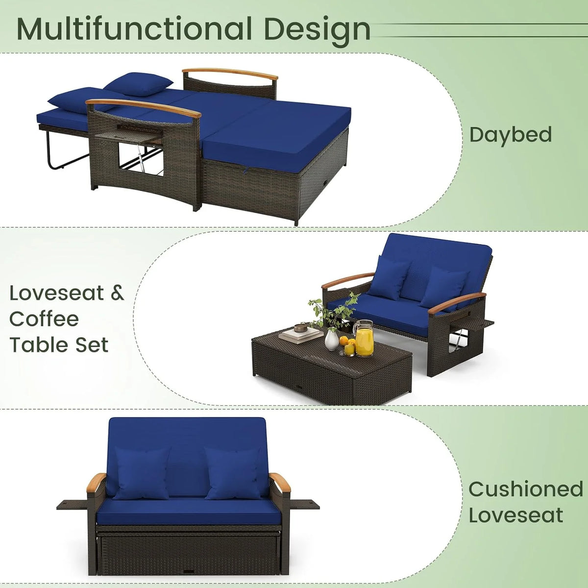 Moccha Outdoor Wicker Daybed. Patio Rattan Loveseat Sofa w/ 4-Level Adjustable Backrest. Folding Panels. Storage Ottoman & Cushions. Lounge Furniture Set for Poolside Backyard Porch (Beige)