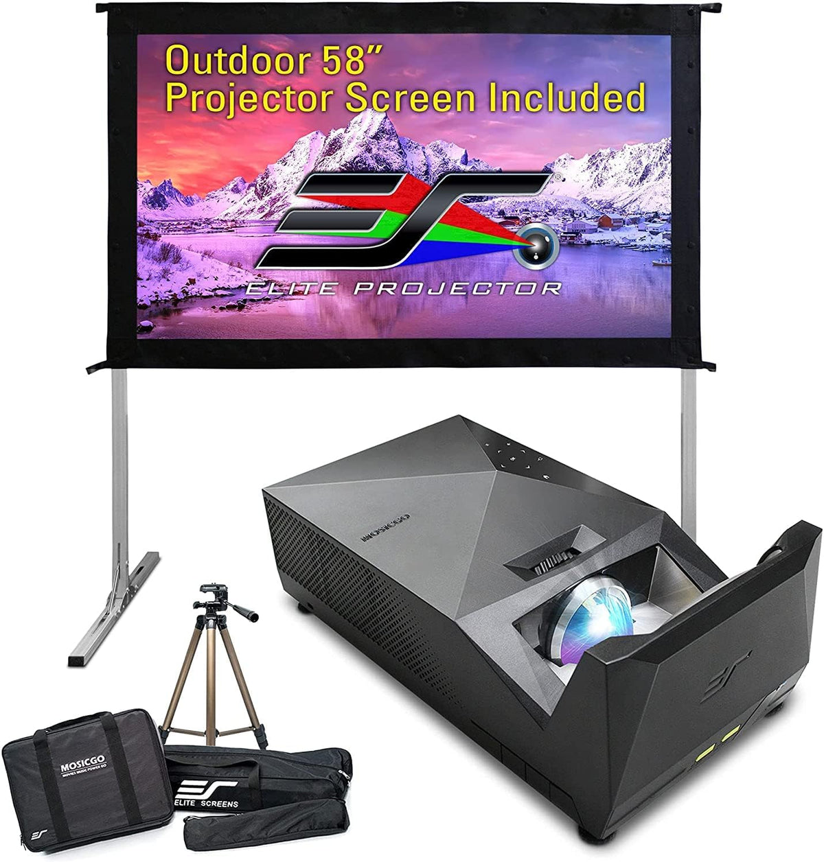 Projector ultra-short focal length portable outdoor family courtyard movie night projector. waterproof projector. 1080p resolution. 1500 lumens. supports Bluetooth and built-in battery. compatible with iOS TV platform
