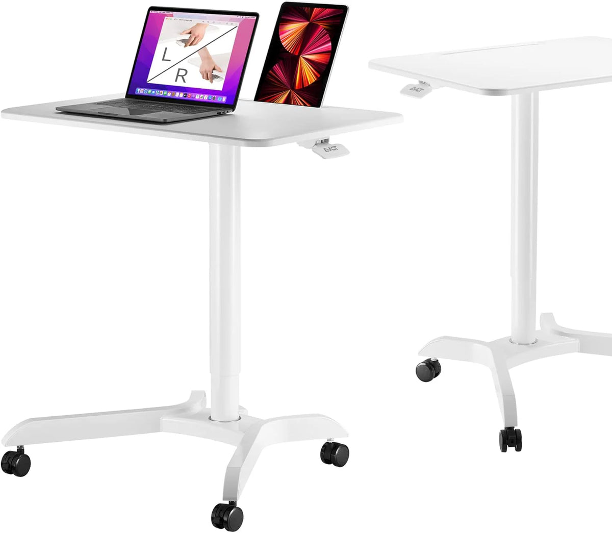 Portable laptop desk cart (3 feet 8 inches) - Mobile rolling desk - Computer projector cart - Adjustable height foldable mobile folding table - White mobile frame with brake wheels