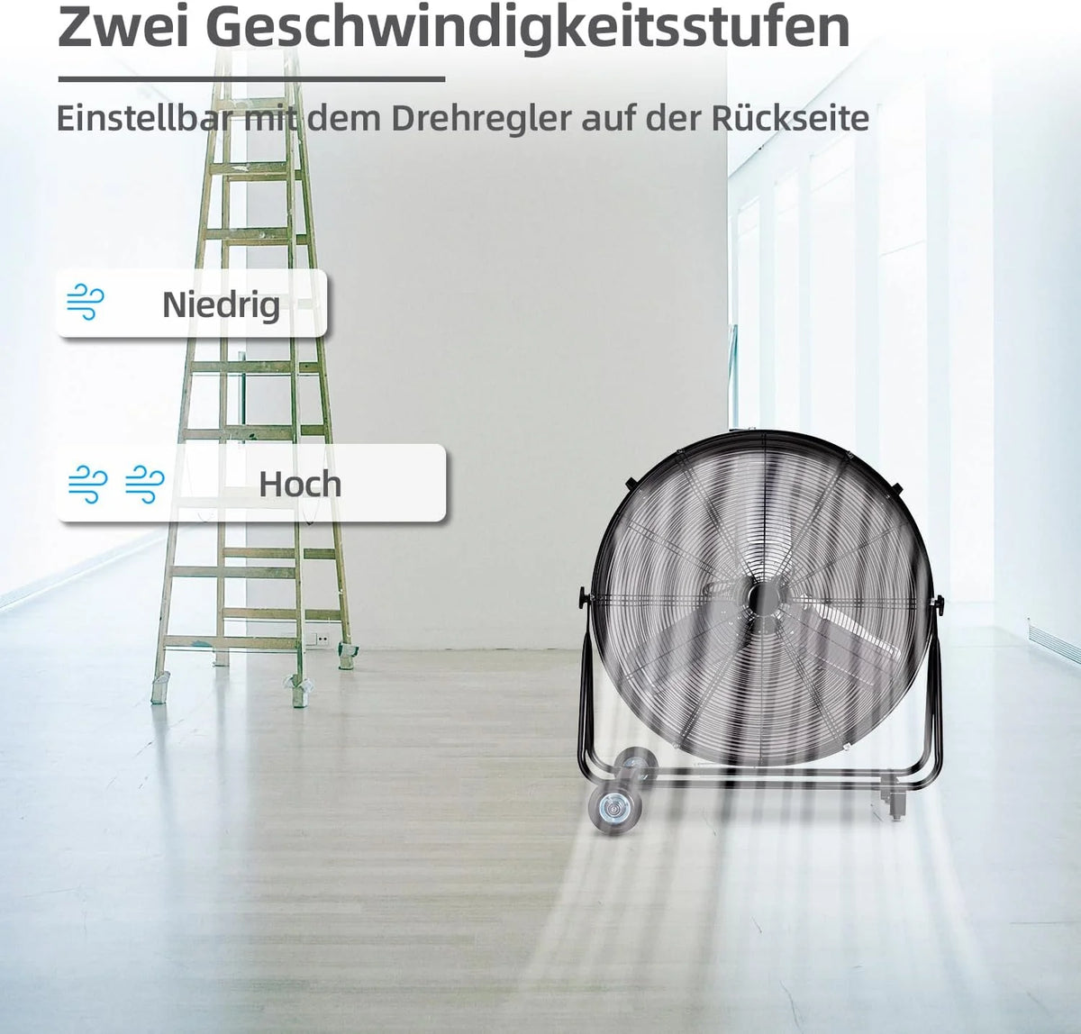 Be Cool Industrie-Windmaschine 75cm BCIWM75CM – Fahrbarer Trommelventilator. Ø 75 cm (30). 300 Watt. Vollkupfermotor. 2 Geschwindigkeiten. Aluminium-