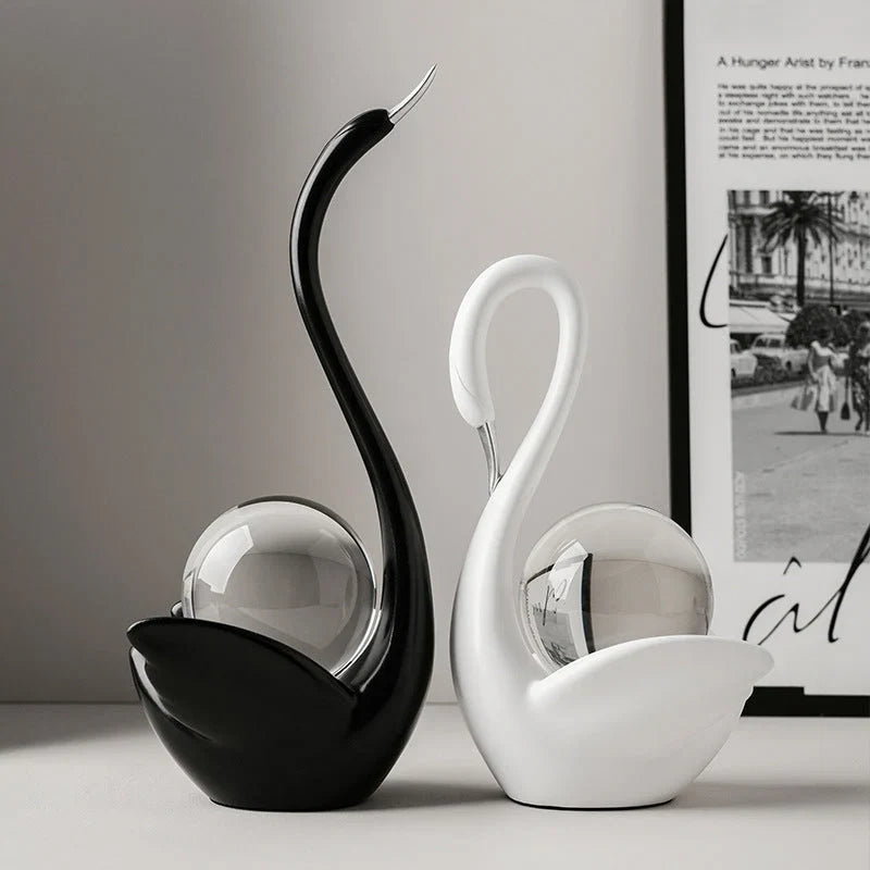 Modern Ceramic Swan Figurine with Glass Sphere Decorative Sculpture for Home Tabletop Decor