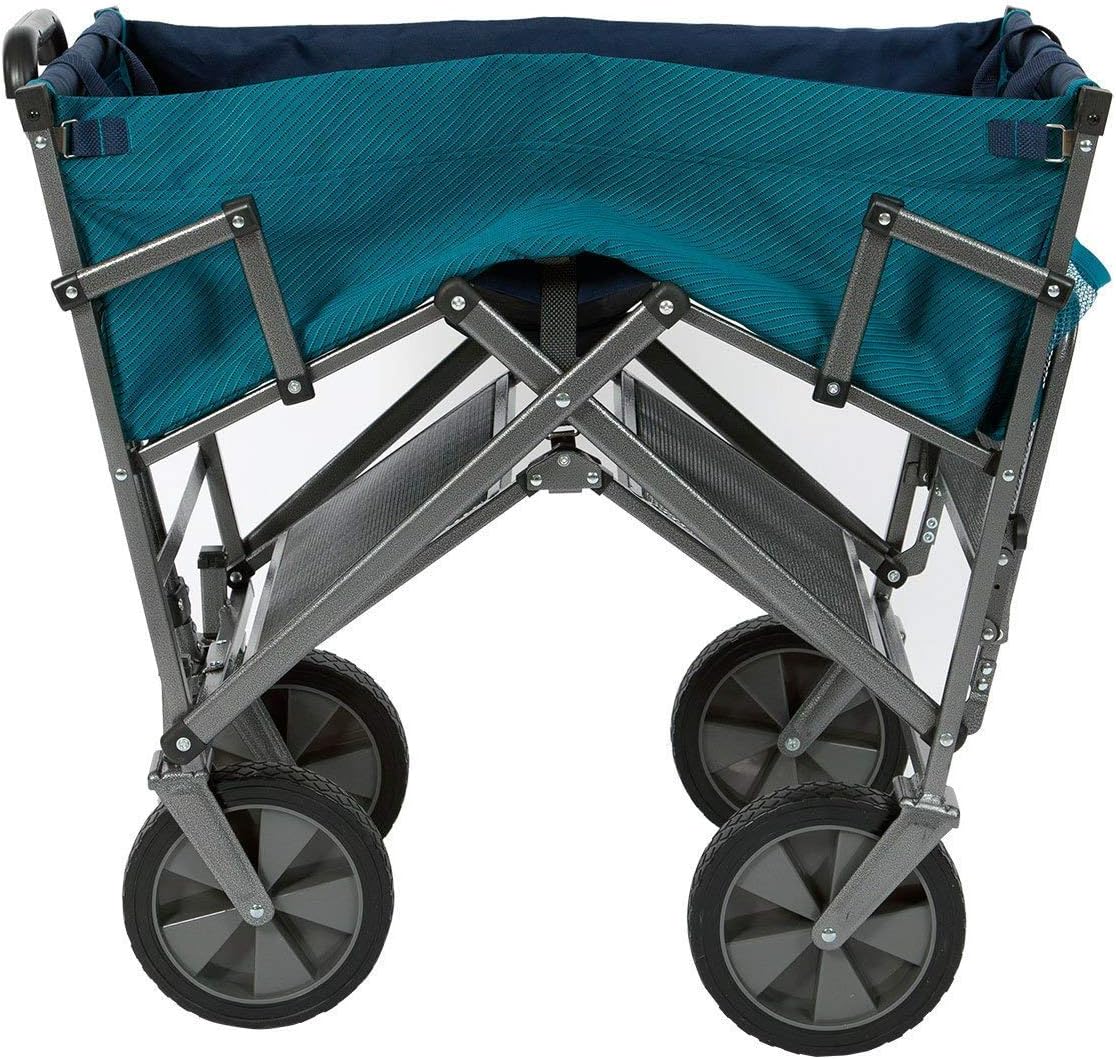 A foldable double-layer outdoor multi-functional truck. equipped with a long lower shelf. in blue-green color.