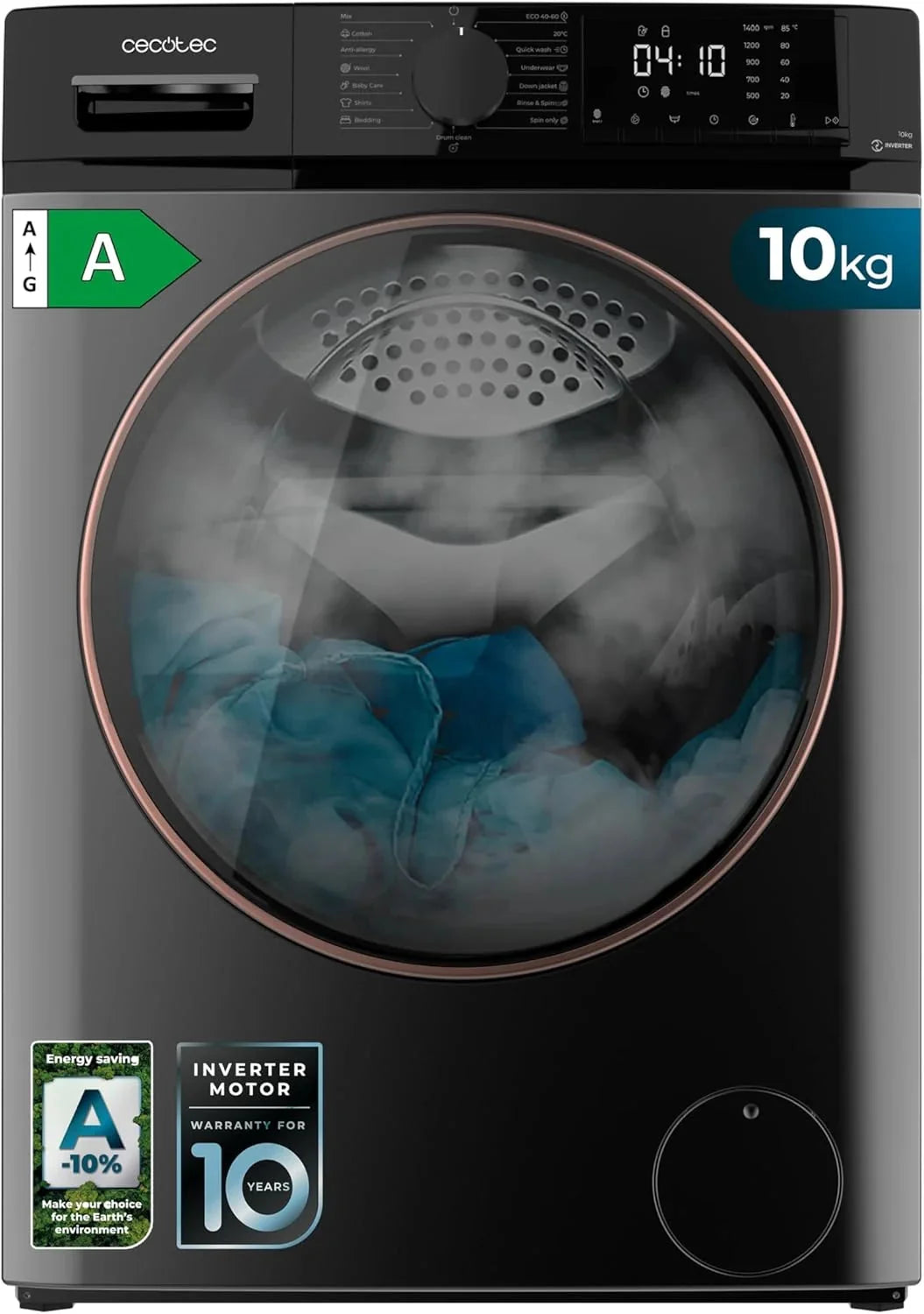 Cecotec Lavadora 10Kg Carga Frontal Bolero DressCode 10610 Inverter Steel A. 1400 RPM. Steam Max. Motor Inverter Plus. 15 Programas. OnSmart. Smooth