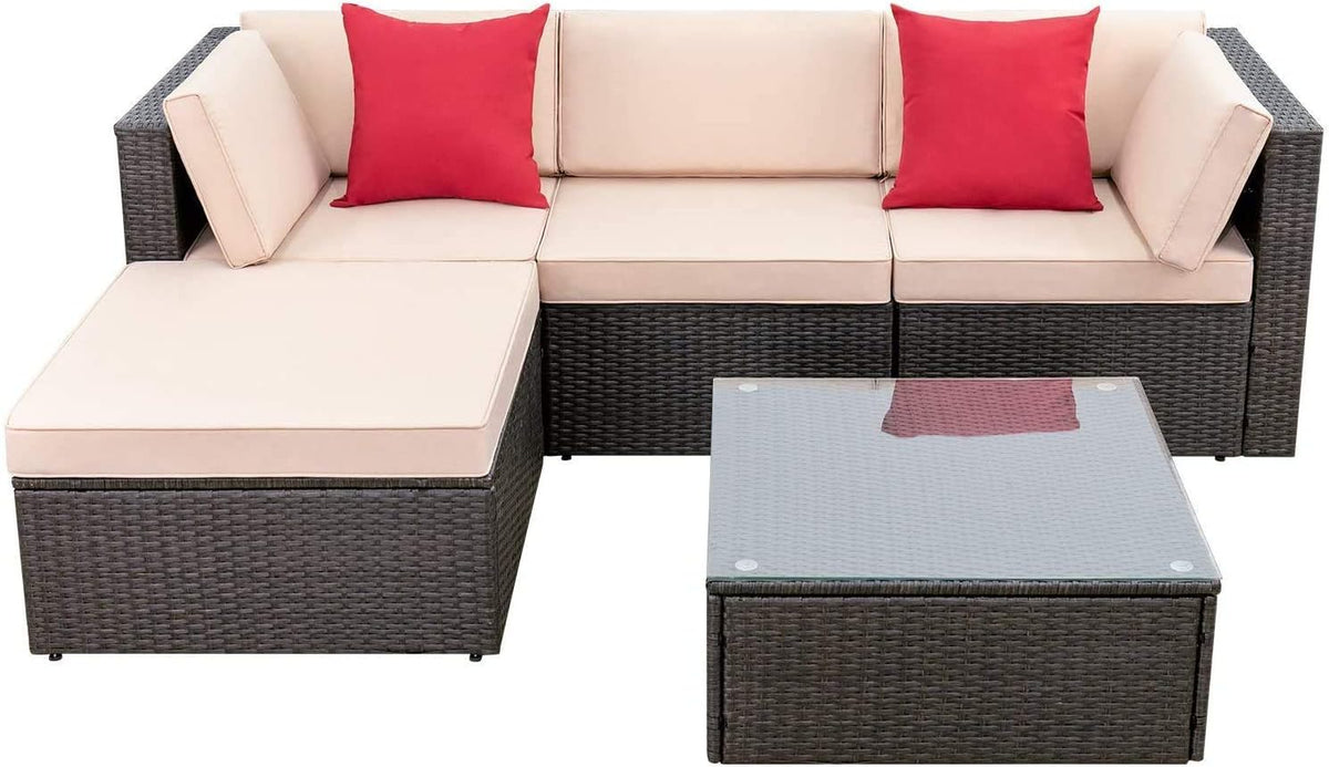 5-Piece All-Weather Patio Furniture Set with Cushions. Outdoor Wicker Conversation Sofa Set for Garden. Deck & Backyard