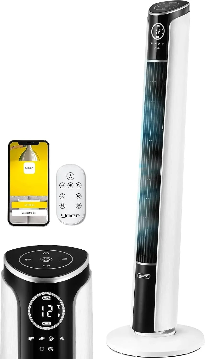 Yoer 29dB Leiser Turmventilator. Ionisator. 10 m Reichweite. Neigungswinkeleinstellung. 12 Geschwindigstufen. 4 Modi. 12 Std. Timer. 90° Oszillation.