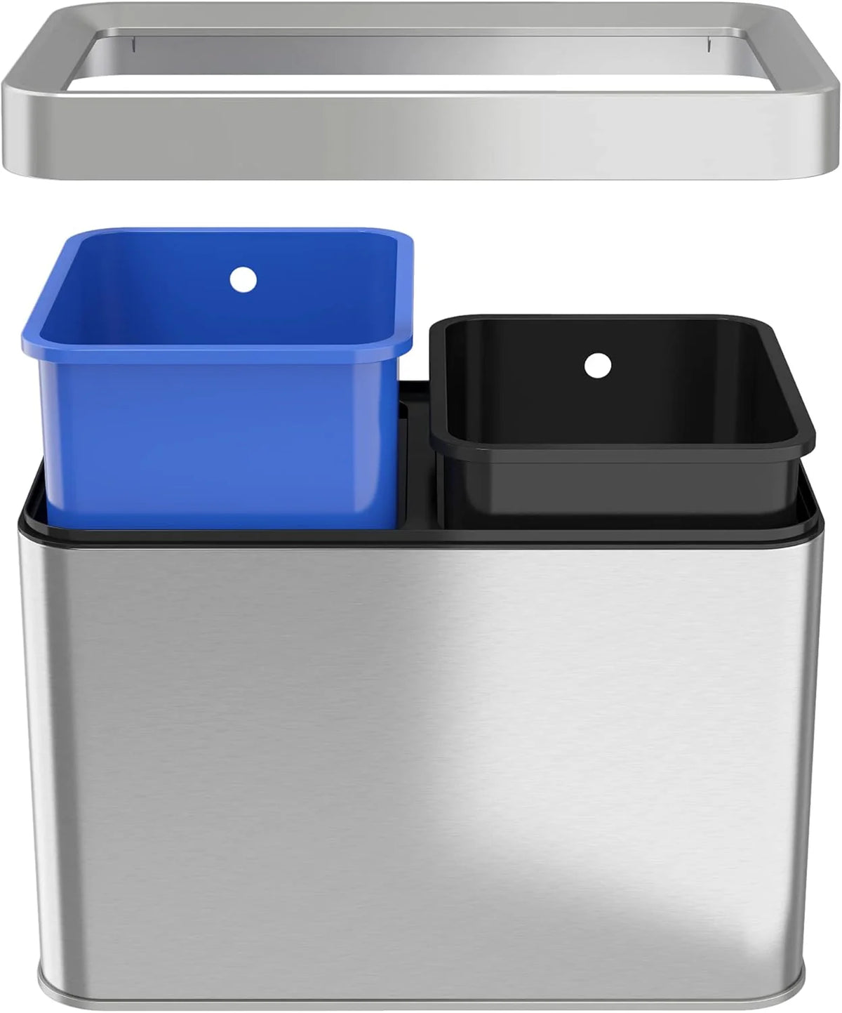 16-gallon contact-free trash and recycling bins. made of stainless steel. with a double compartment design (each compartment holds 8 gallons). suitable for recycling and waste disposal in the kitchen.