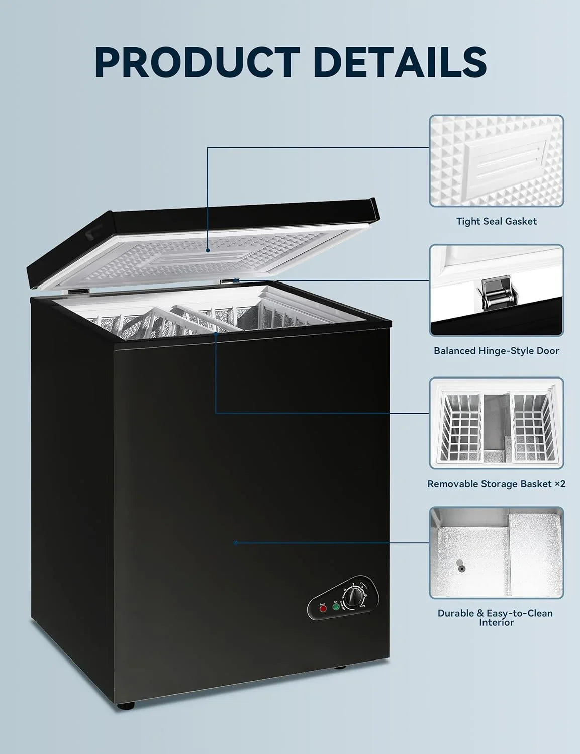 7.0 Cu Ft Chest Freezer - Energy Efficient & Quiet Mini Freezer with Adjustable Thermostat - Compact Deep Freezer for Home. Apartment. and Garage - Removable Basket & Defrost Drain