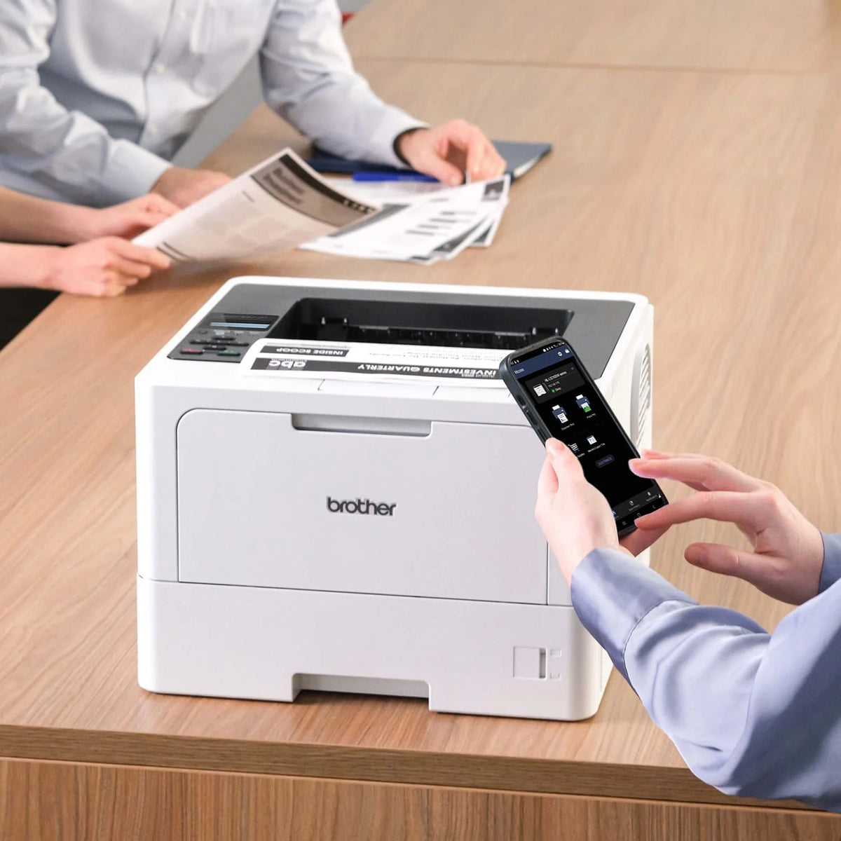 Business single-color laser printer. equipped with dual paper trays. wireless network and gigabit Ethernet connection. double-sided printing. large-capacity paper storage and mobile printing function. white model