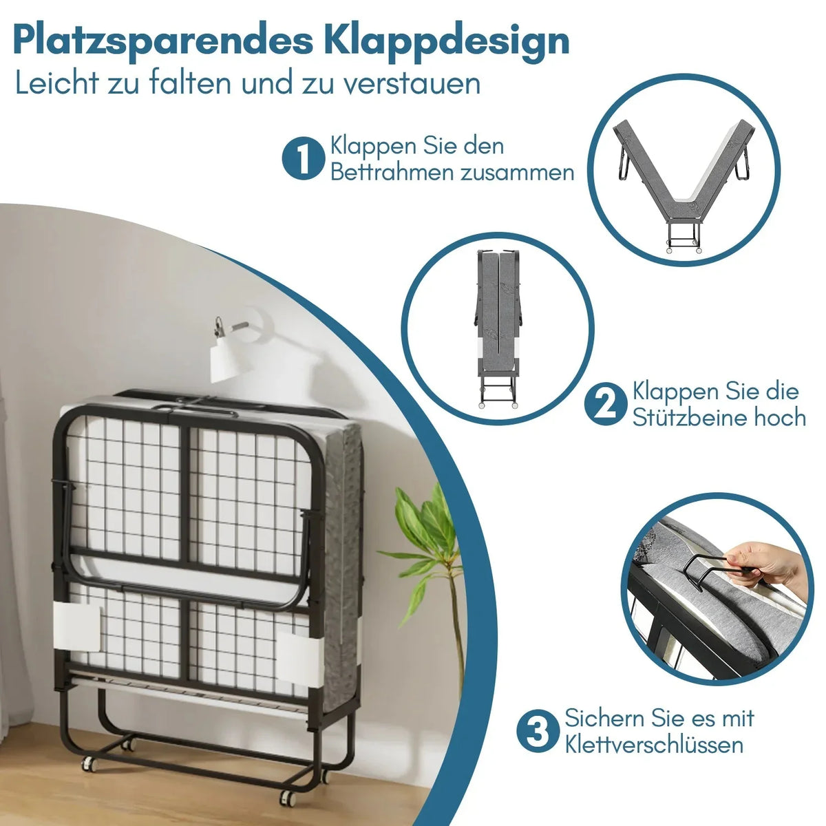Sonnewelt Klappbett 90x200cm mit 13cm Dicke und Rollen