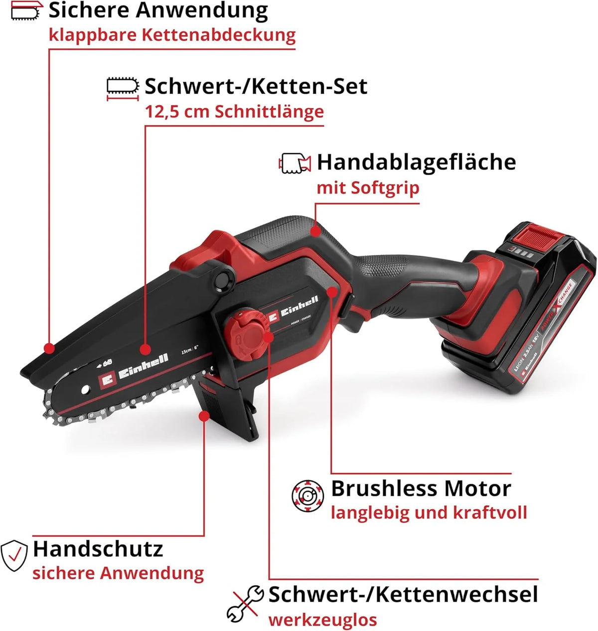 Einhell Akku-Astkettensäge GE-PS 18/15 Li Bag Kit Power X-Change (18 V. Brushless. 12.5 cm Schnittlänge. inkl. 2.5 Ah Akku. Ladegerät. Ersatzkette.
