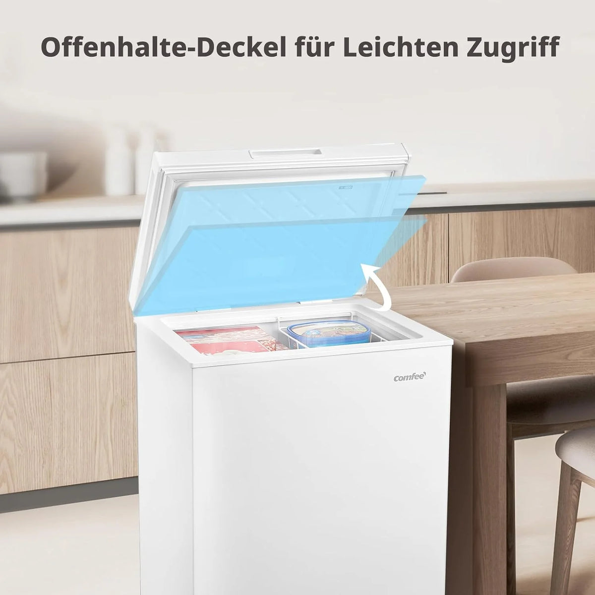 Comfee 198L Gefriertruhe. leise 37 dB. 4-Sterne-Gefrieren. Kühl-/Gefrier-Konvertierung (1–10°C / -24––12°C). 24‐h‐Schnellgefrierung 9kg.