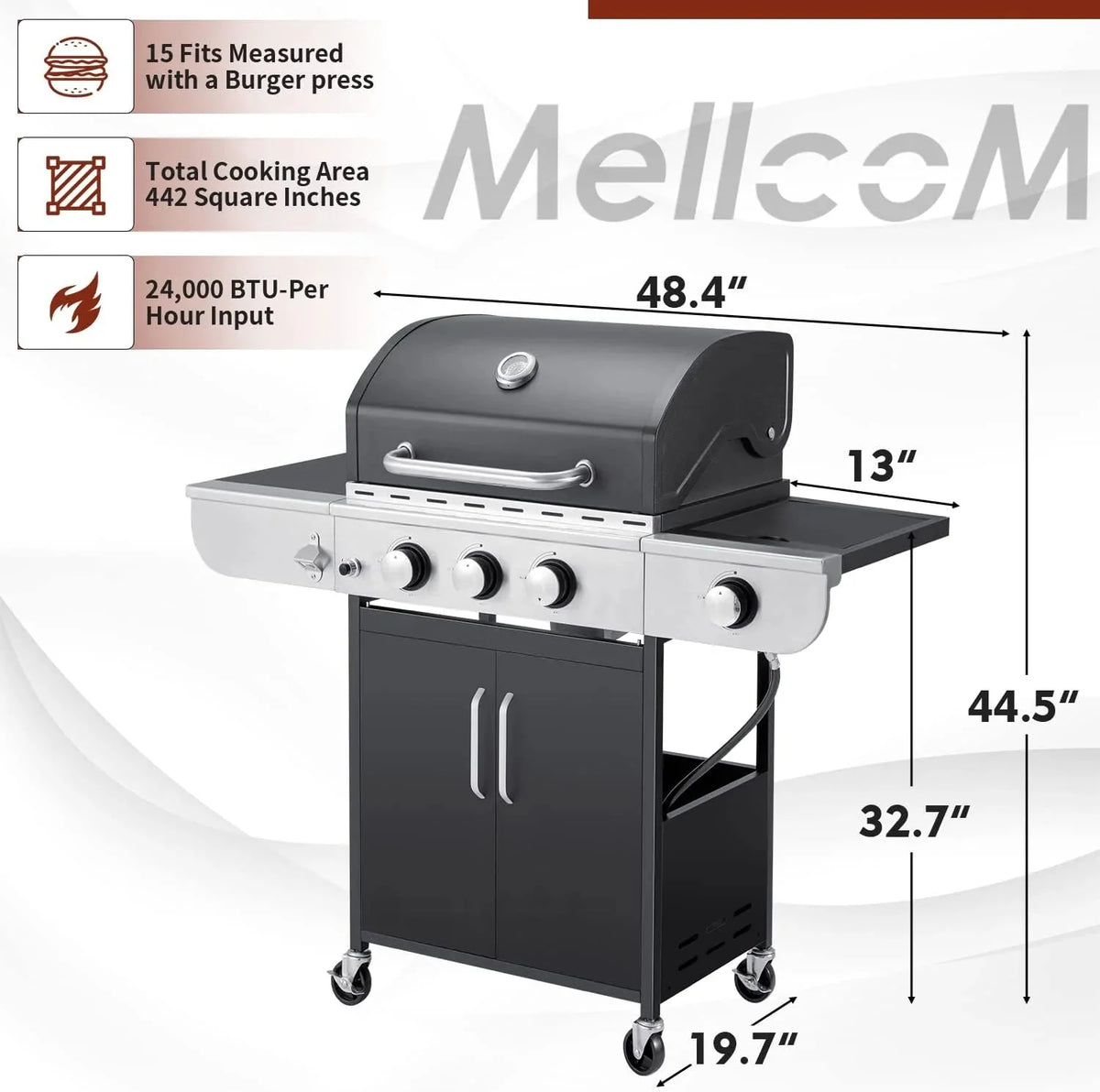 4-Burner Propane Gas Grill with Cast Iron Grates. Side Stove and 44.000 BTU Stainless Steel Burners