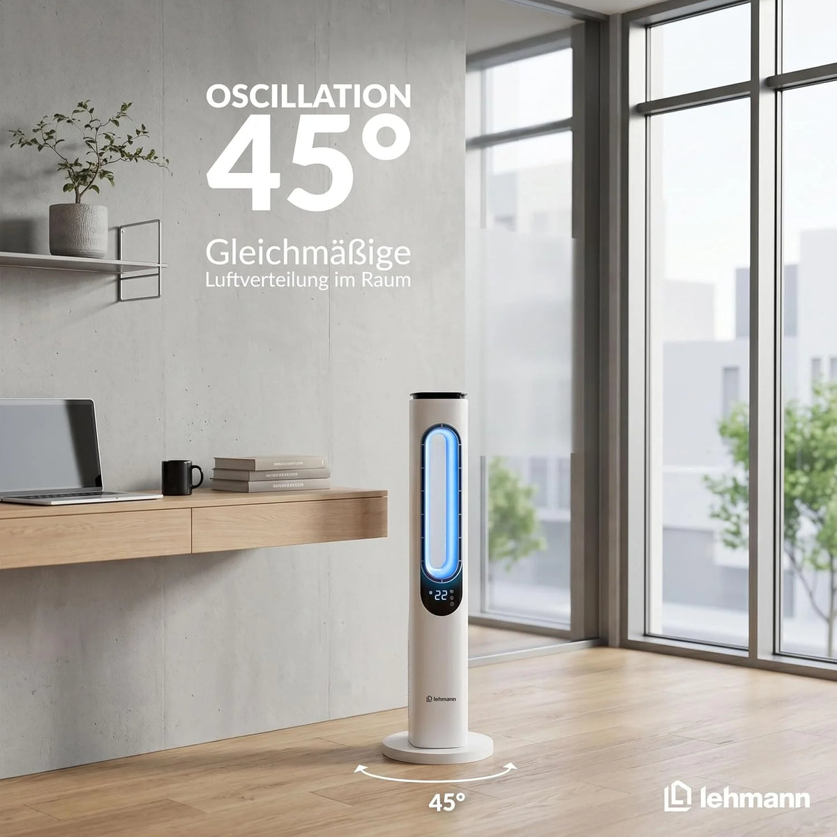 LEHMANN Turmventilator mit Fernbedienung & LED-Display. leiser Ventilator mit Schlafmodus. 15 h Timer. 3 Lichtfarben. 3 Modi. 3 Geschwindigkeiten.
