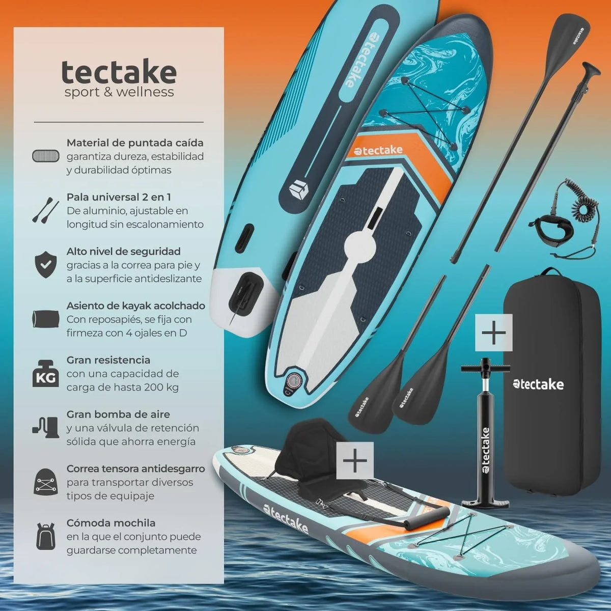 tectake Tabla de Paddle Surf Hinchable. Incluye Remo 2 en 1. Asiento de Kayak. Bomba de Aire. Mochila de Transporte. Stand Up Paddle. Accesorios