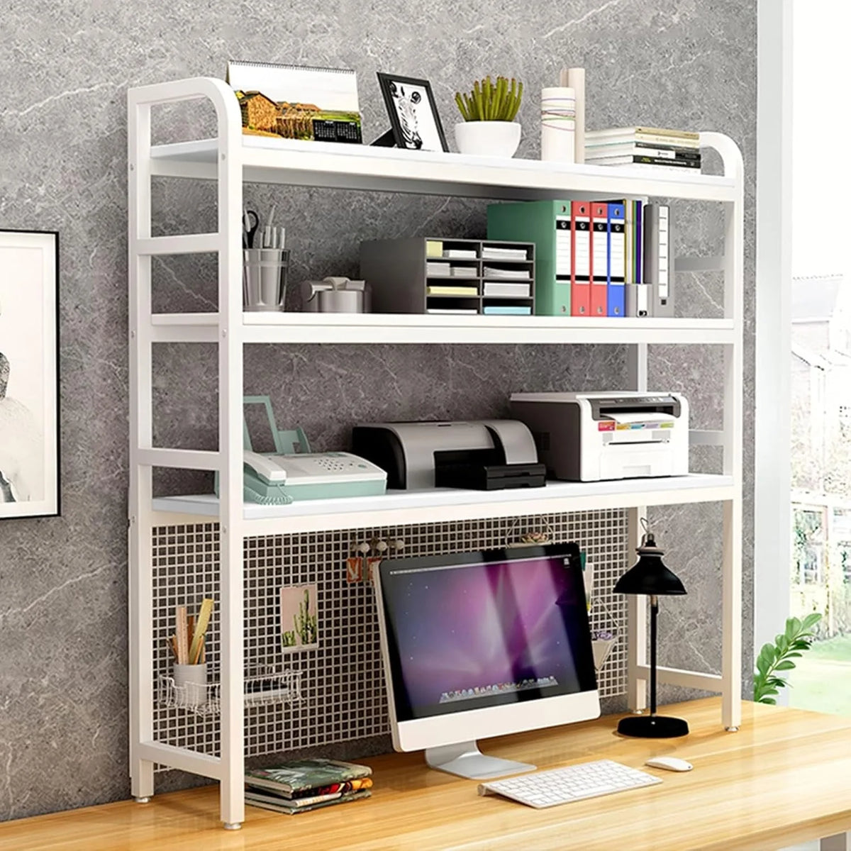 Desktop Bookshelf Adjustable Desk Bookshelf Organizer Rack - Countertop Hutch Bookshelf. 3-Tier Bookshelf Desk Shelf. All Metal Desktop Bookcase for Computer Desk. for Home. Dorm. Office Supplies (Co