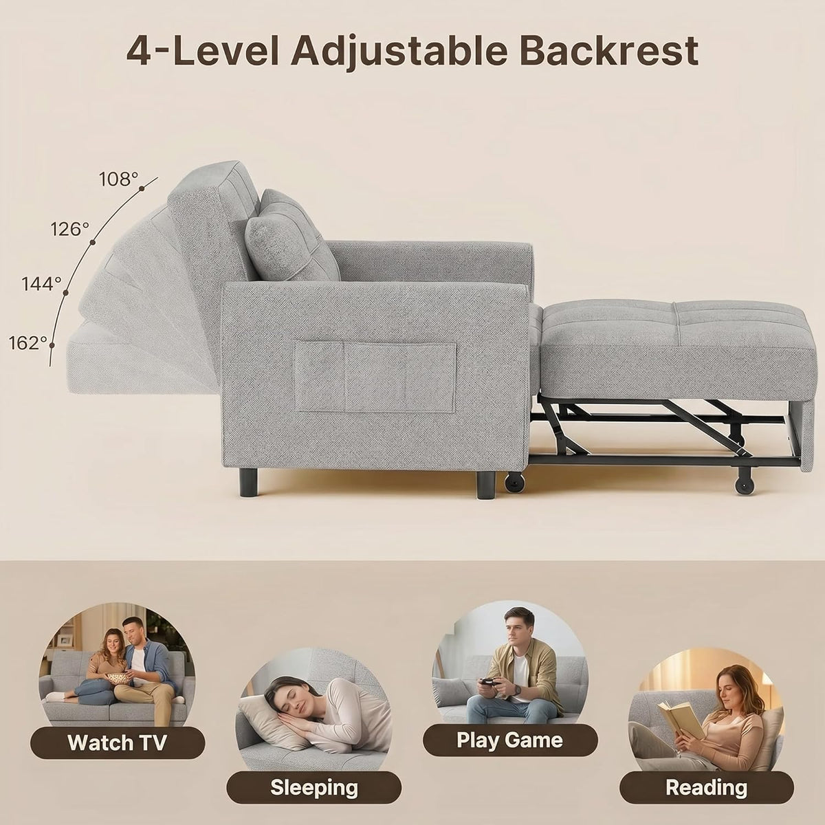 Gizoon Sofá cama 3 en 1 convertible. silla cama individual extraíble con respaldo ajustable. espaciosos sofás multifuncionales para sala de estar.