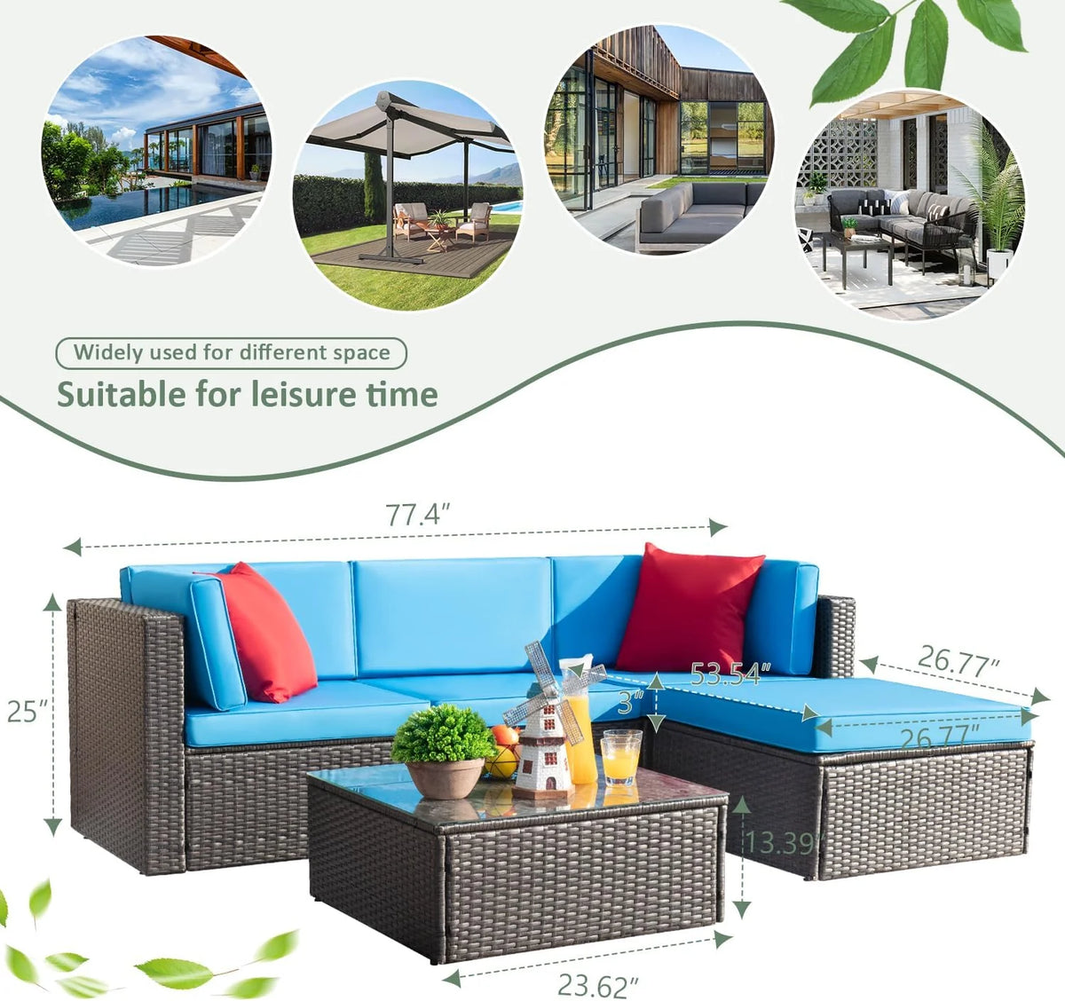 5-Piece All-Weather Patio Furniture Set with Cushions. Outdoor Wicker Conversation Sofa Set for Garden. Deck & Backyard