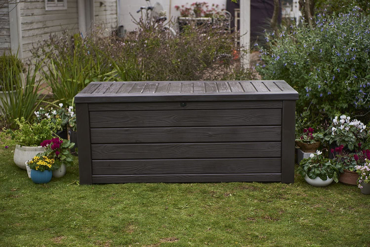 150 Gallon Resin Large Deck Box-Organization and Storage for Patio Furniture. Outdoor Cushions. Garden Tools and Pool Toys. Brown