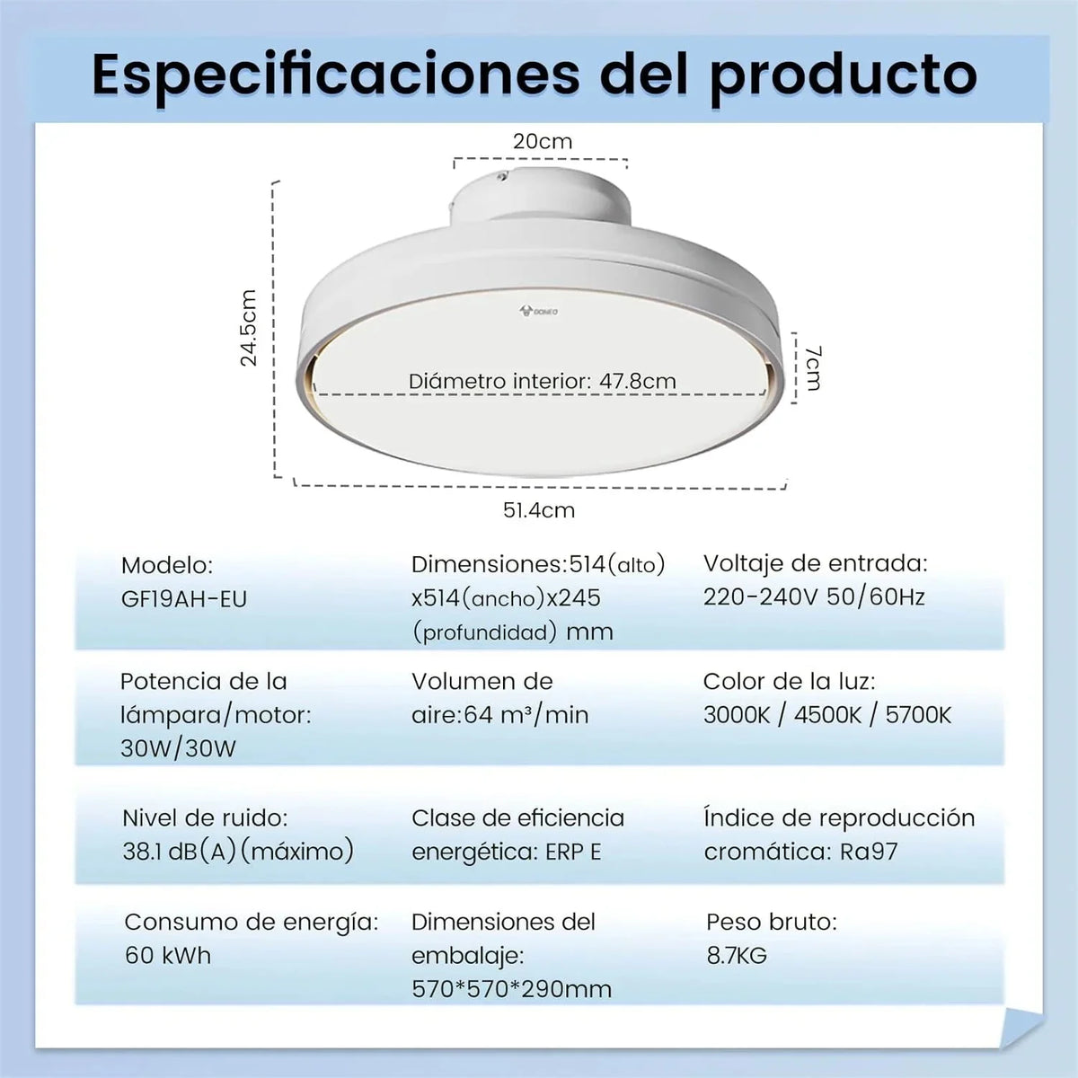 Silencioso Sin Aspas Ventilador de Techo con Luz Regulable 60W 30W Motor DC 30W Luz CCT 3000-5700K LED Lampara Ventilador Techo y Mando 6Velocidades
