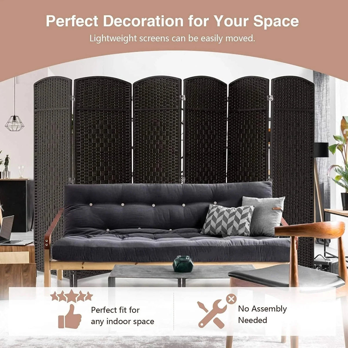 6 FT Tall Woven Fiber Room Divider. Freestanding Folding Privacy Screen