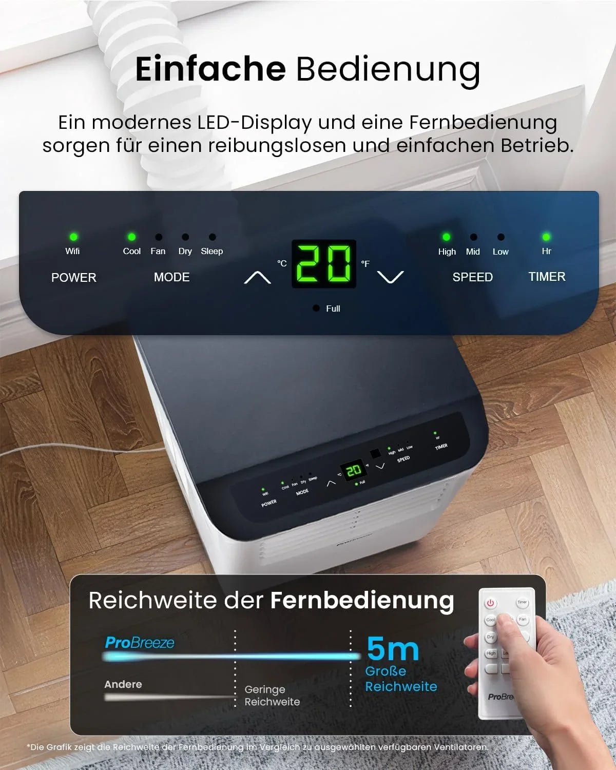 Pro Breeze 12000 BTU Mobile Klimaanlage (Räume bis 50m2) – Klimaanlage mobil mit App-Steuerung. Timer & LED-Display – inkl. Fensterabdichtung &