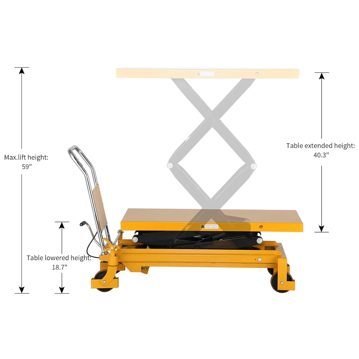 Hydraulic Lift Table Cart – 770 lbs Capacity. 51 Max Height. Double Scissor Lift with Safety Guard & 4 Wheels