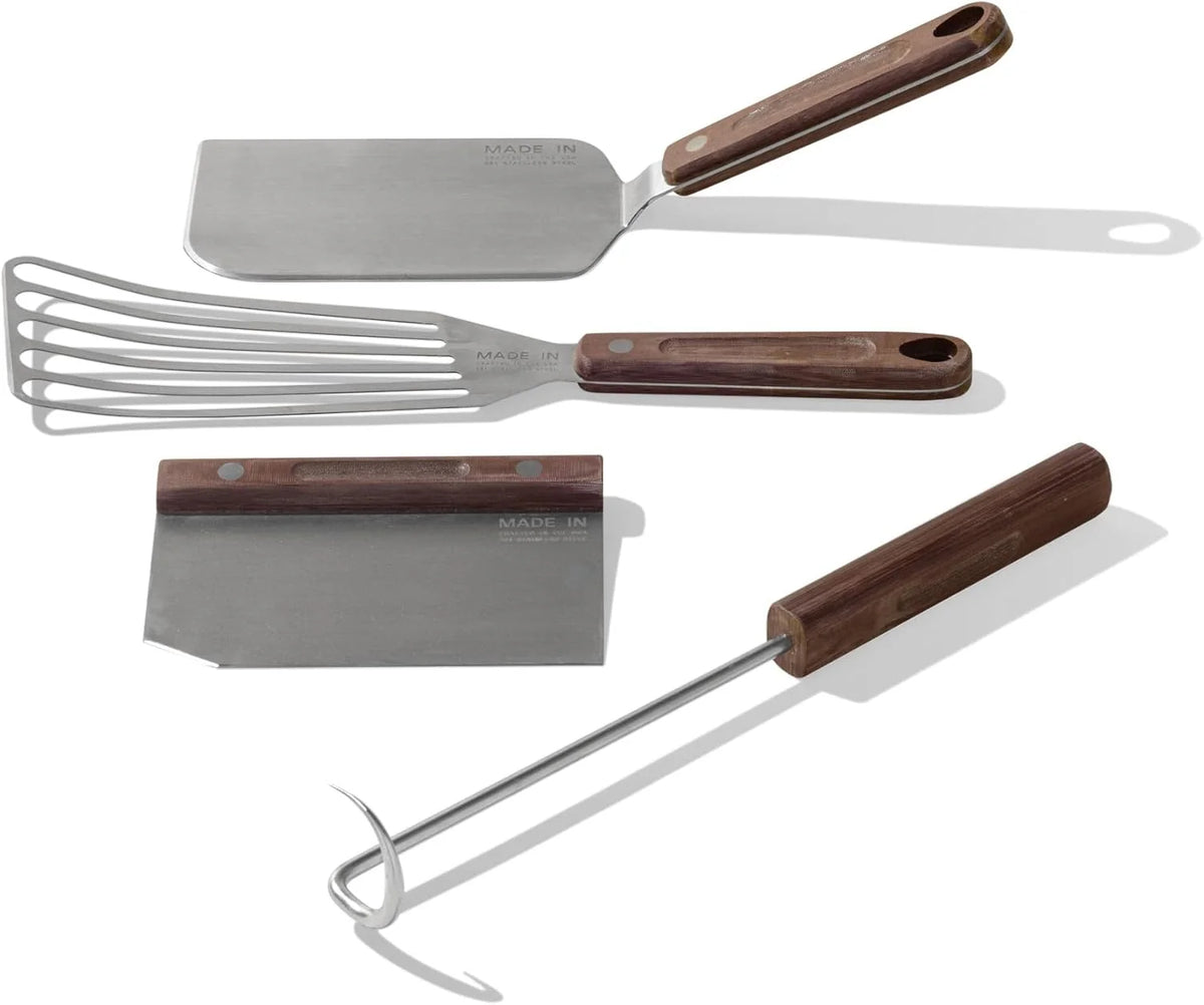 4-piece frying pan set - includes frying pan spatula. workbench scraper. fish spatula and pigtail flipper - brown linen micro-carbon fiber handle