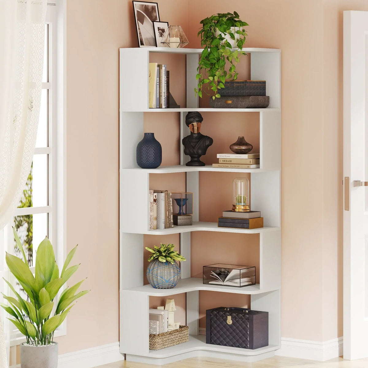 64.9 Inch Tall 6-Tier Corner Bookshelf. Freestanding Wood Industrial Bookcase