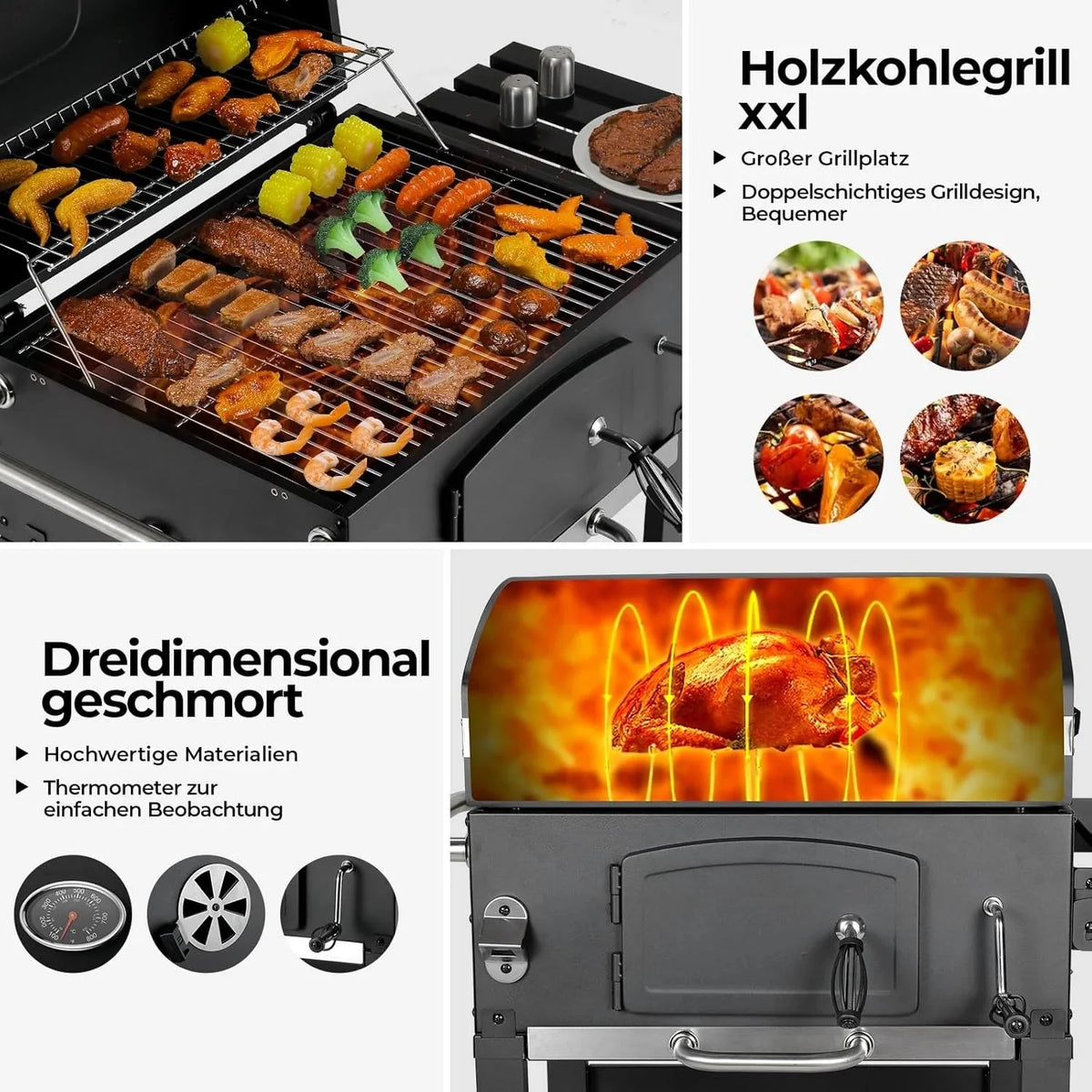 Barbacoa de Carbon XXL. Parrilla de Carbón con Chimenea y Tapa. Parrilla con Carrito BBQ Smoker con Ruedas y Termómetro. Grande BBQ Carbon para