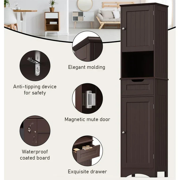 67 Inch Tall Narrow Bathroom Linen Cabinet. 5-Tier Solid Wood Freestanding Storage Cabinet