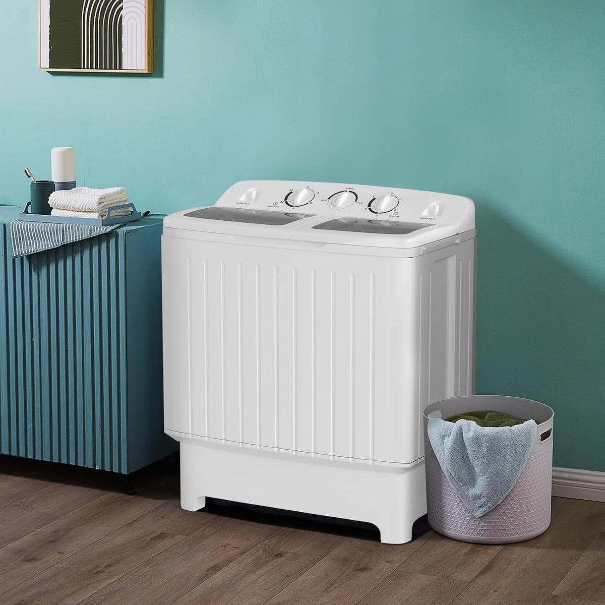 Portable mini compact two-cylinder washing machine (17.6 pounds) - Spanish model. rotary type. blue + white