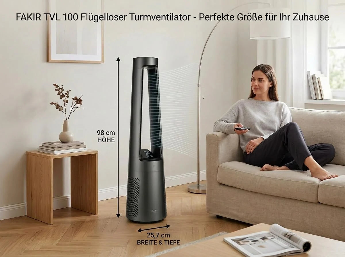 Fakir TVL 100 Flügelloser Turmventilator - DC-Motor. 12 Lüfterstufen. 30 dB(A). 60° Oszillation. 12h Timer. LED Touch Display. Fernbedienung.