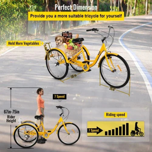 2025 Triciclo para adultos de 26 pulgadas. 7 velocidades. triciclo con canasta para paseos y compras