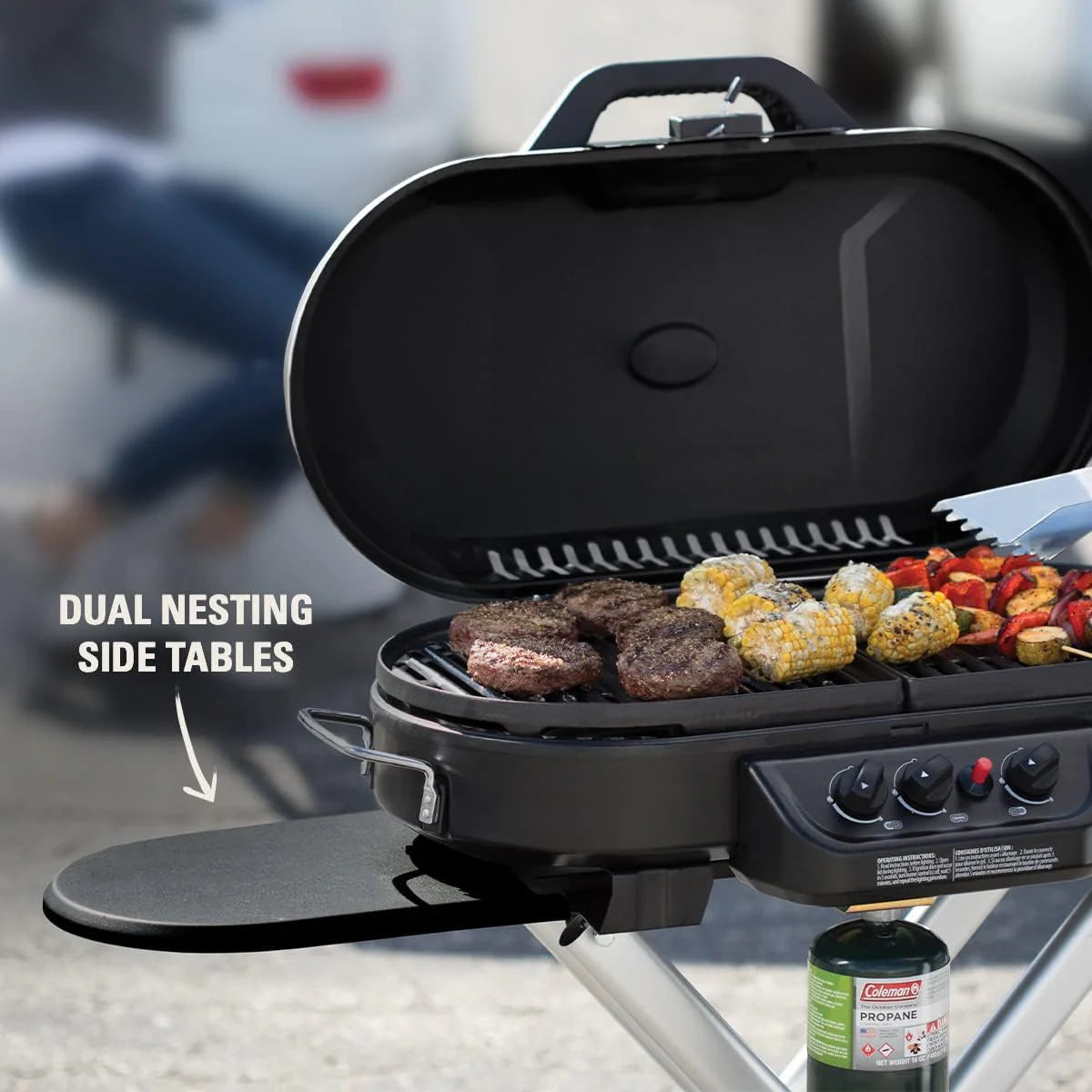 RoadTrip Portable Stand-Up Propane Grill with 3 Adjustable Burners & Instastart Ignition. 20.000 BTUs of Power for Outdoor Cooking
