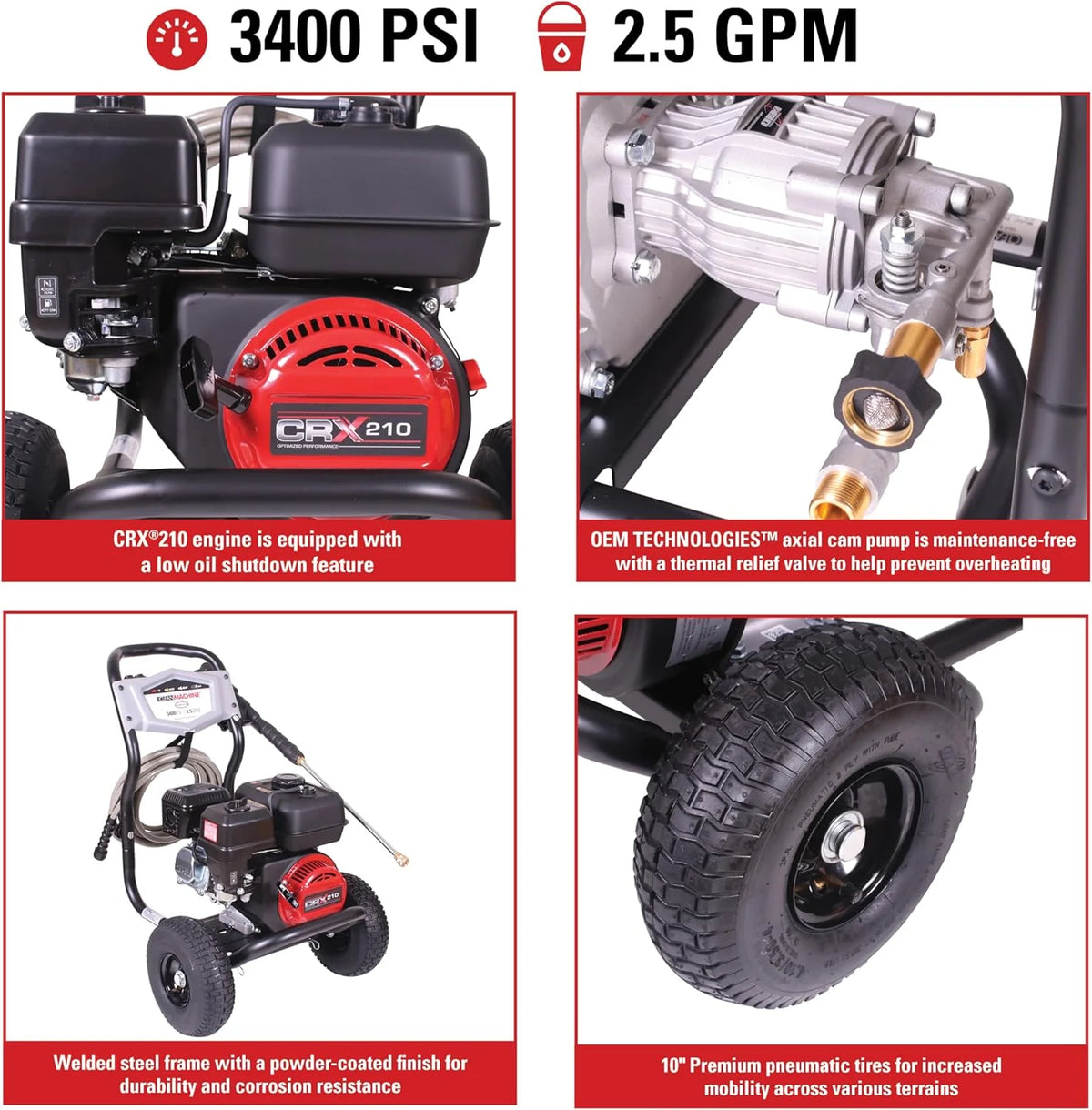 Cleaning CM61083 Clean Machine 3400 PSI Gas Pressure Washer. 2.5 GPM. CRX Engine. Includes Spray Gun and Wand. 4 QC Nozzle Tips. 5/16-in. x 25-ft. MorFlex Hose.