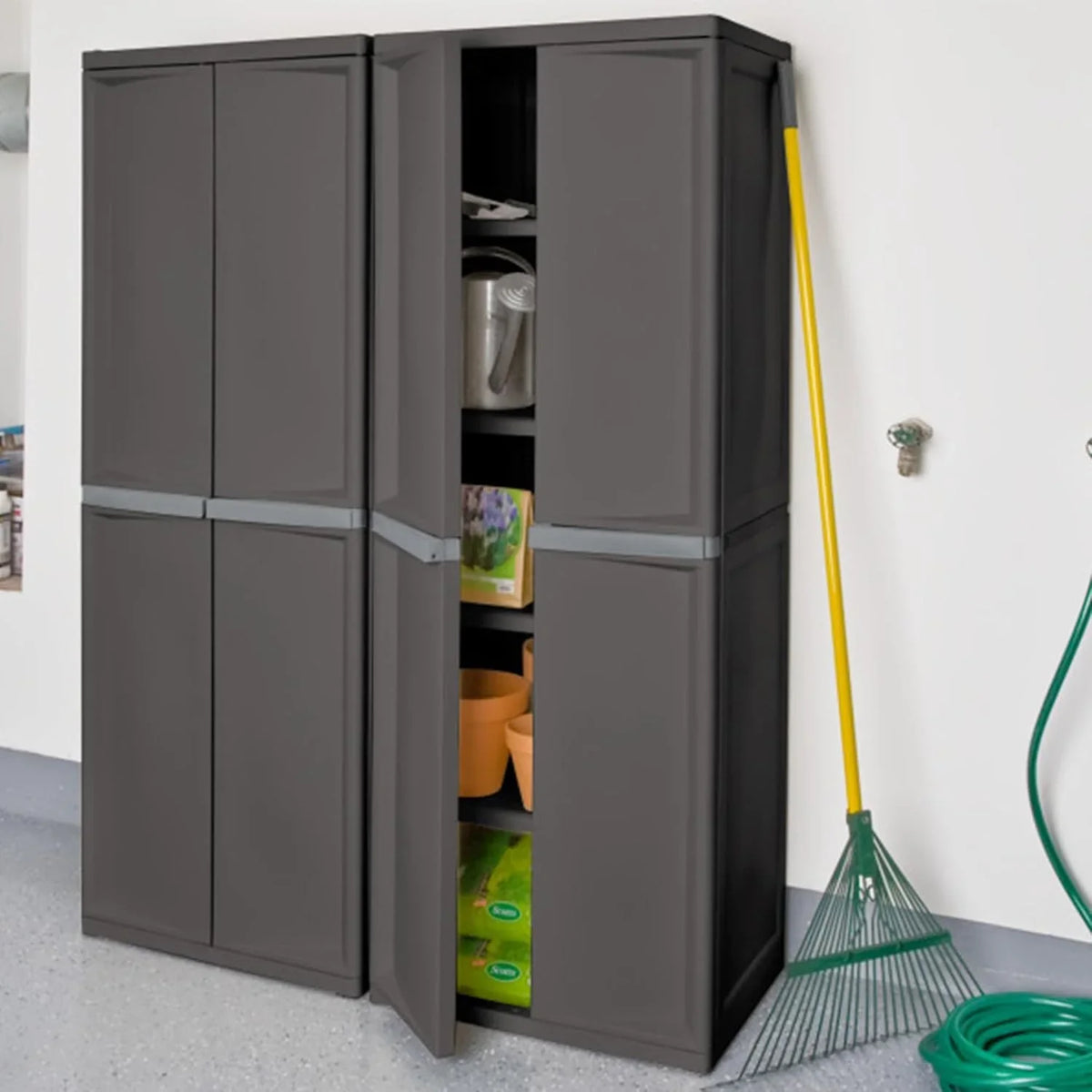 Storage Cabinet. Rugged Plastic Garage Organizer with Double Doors. 4 Adjustable Shelves. Gray