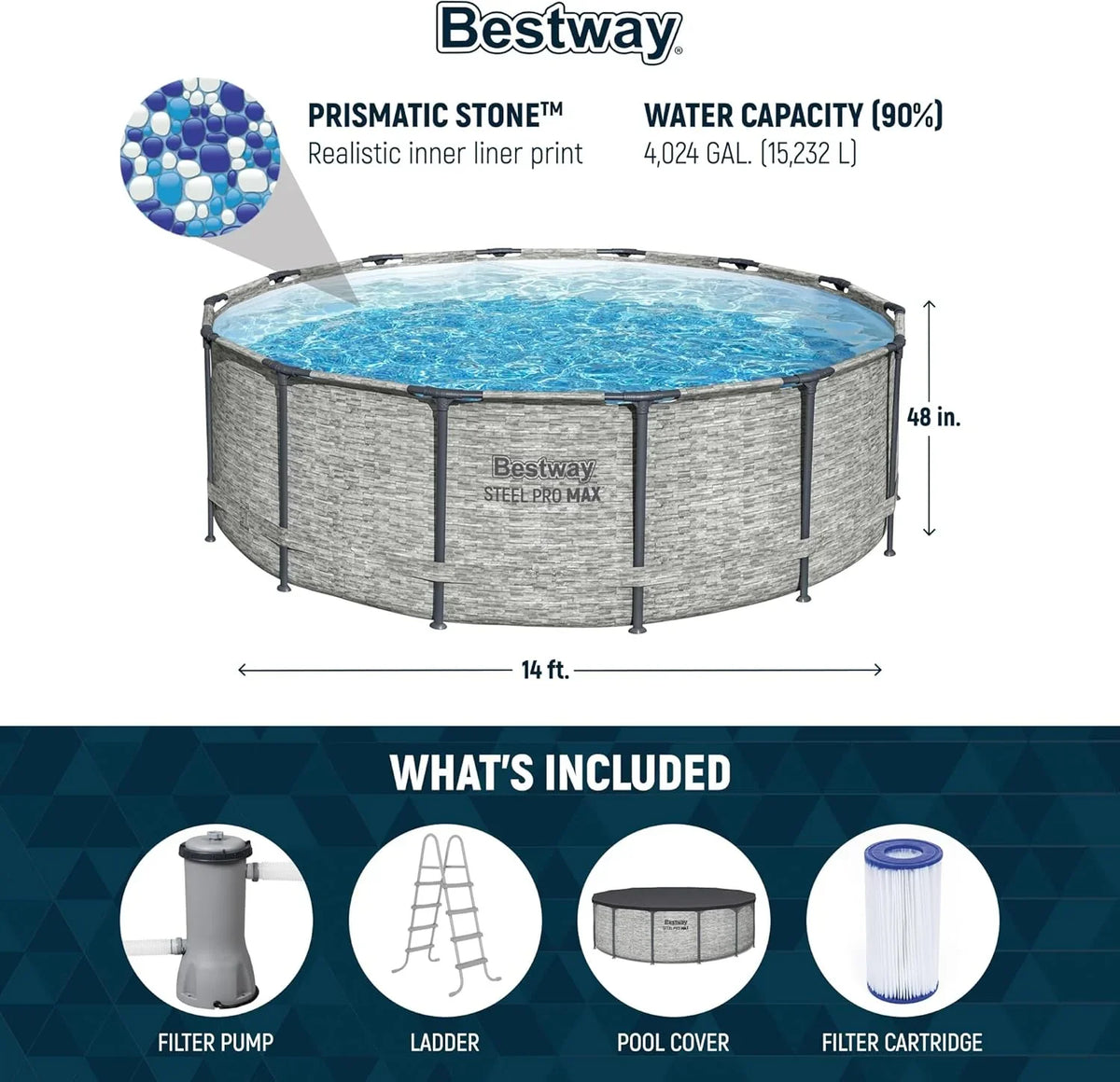 Above Ground Swimming Pool w/ Pump. Cover. & Ladder. 14' x 48. Steel Pro MAX. Gray - Backyard Outdoor Round Pool w/ Filter. 42-Inch Deep Water