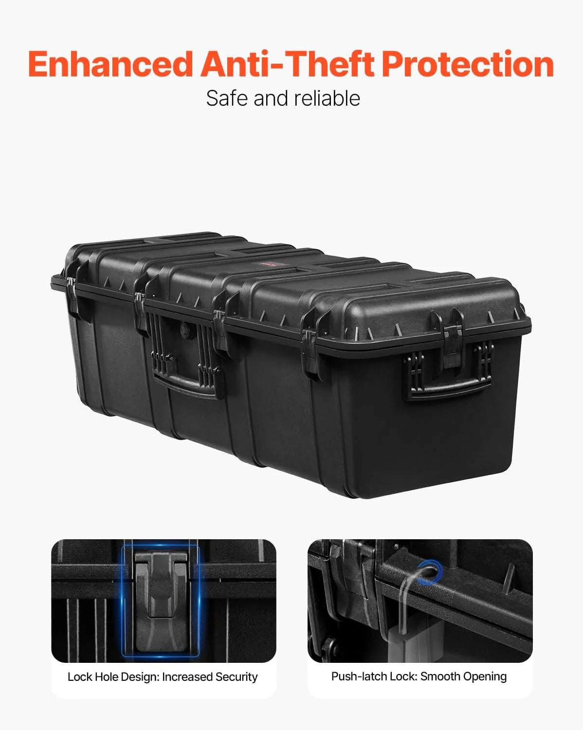 Waterproof sturdy case. large-capacity waterproof sturdy case. equipped with 3 handles. IP67 level waterproof protection case. with 6 clips. 6 lock holes and foam padding for large equipment. black version
