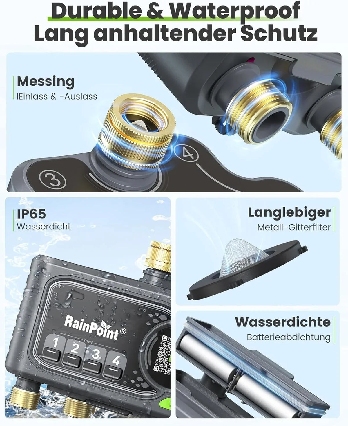 RAINPOINT Bewässerungscomputer WLAN mit 4 Ausgängen. Messing Ein- und Ausgang. Bewässerungsuhr 4 Zonen mit wetter- & bodenbasierter Steuerung. App- &