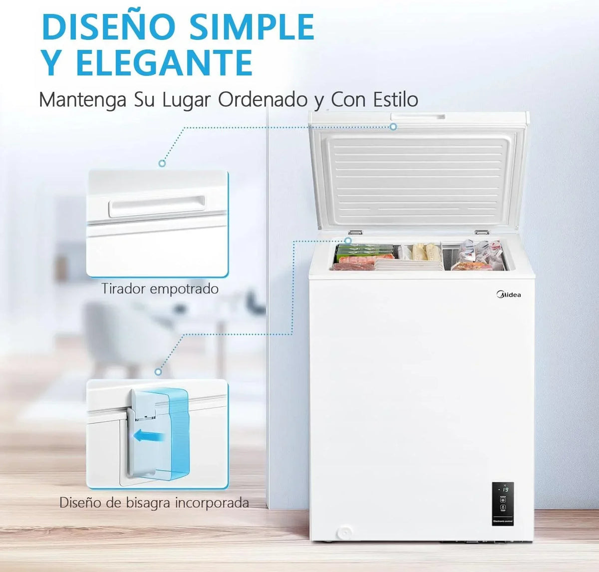 MIDEA Arcon Congelador Pequeño Horizontal de 99L. Motor Inverter. Control Electrónico de Temperatura. Tecnologia D-TYPE Tube. Cestas con Asa. Easy