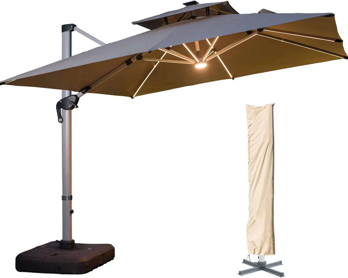 A 10-foot by 10-foot square cantilevered sunshade. equipped with a cross base and canopy. is included - a large heavy-duty outdoor sunshade. 360° rotating offset type. suitable for use in courtyards. backyard of swimming pools. terraces or gardens. i