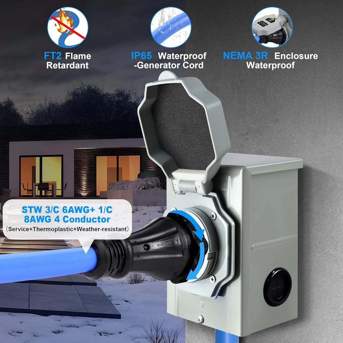 50 Amp Generator Cord and Pre-Drilled Power Inlet Box. Generator Cords 50FT. 50 Amp 125V/250V Generator Power Cord. NEMA 14-50P / SS2-50R Twist Lock Connector