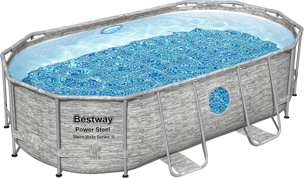 The robust steel swimming pool Horizon Series II - a 14 feet x 8 feet 2 inches x 39.5 inches outdoor above-ground pool package. equipped with a 530 liter/minute filtration pump. ladder and pool cover.