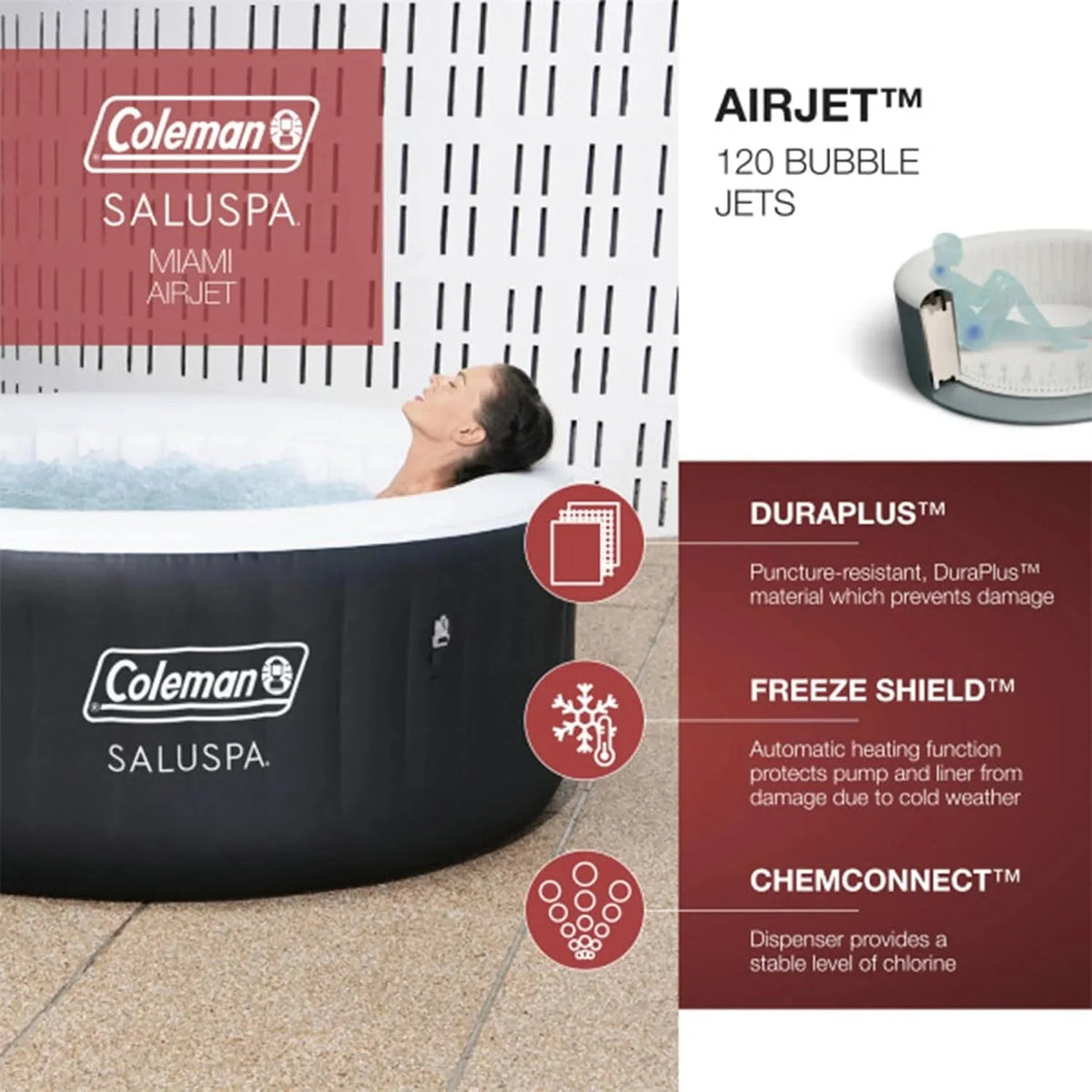 2-4 Person Inflatable Hot Tub. Portable Round Outdoor Spa with 120 Soothing Air Jets and Insulated Cover. Black