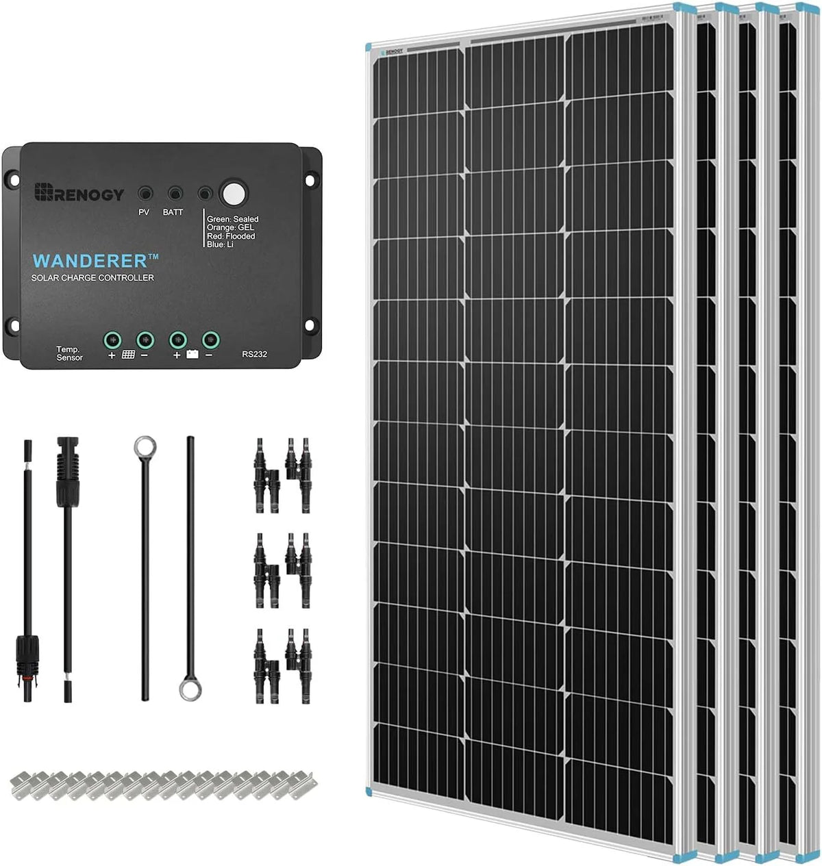 400 Watt 12 Volt Premium 4 Pcs 100W Panel+40A MPPT Charge Controller+ Bluetooth Module Fuse+ Mounting Z Brackets+Adaptor Kit +Tray Cables Set. 400W. Grid 12V Solar Power System